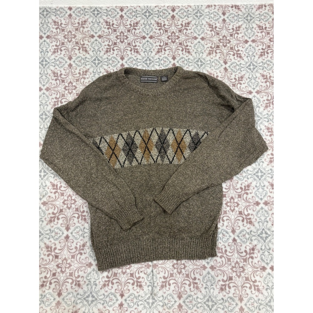 David Taylor Mens Brown Marled Argyle Diamond Knit Crewneck Sweater Size M USA